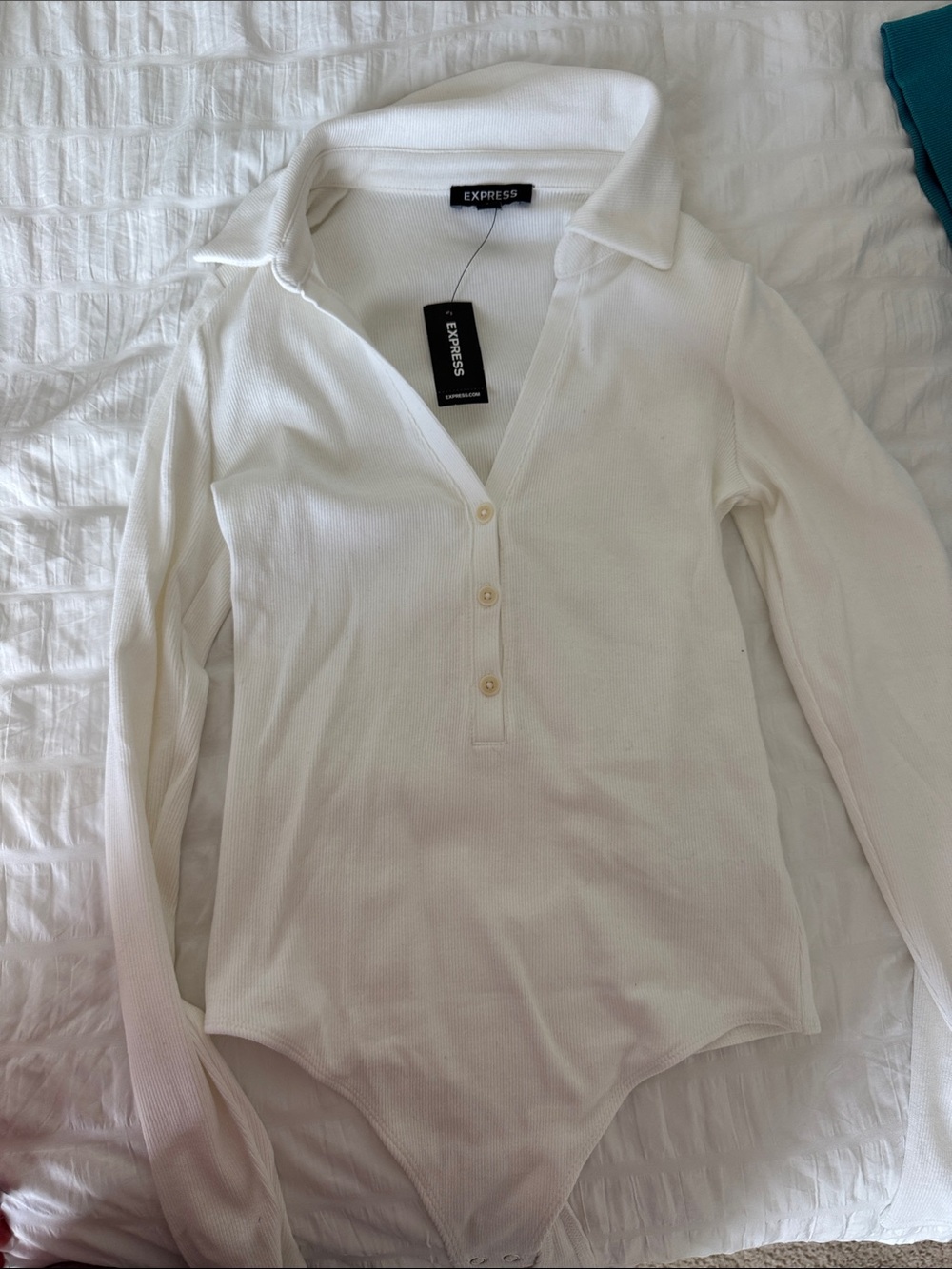 Express White Ribbed Long-Sleeve Polo Bodysuit with Button Placket